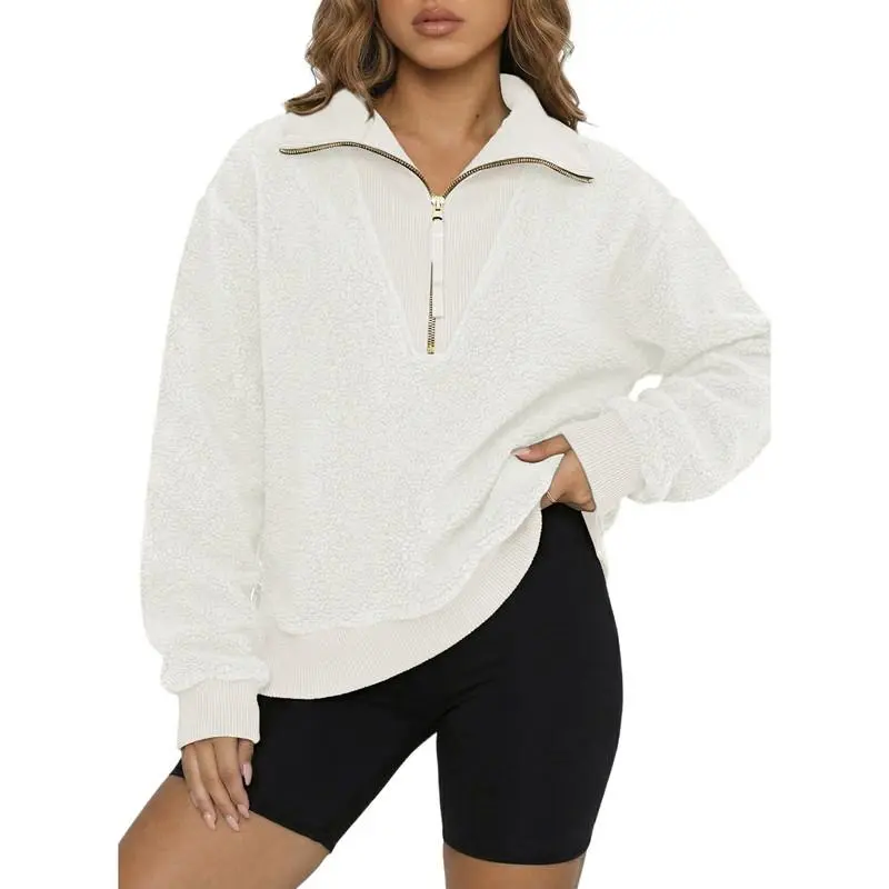 Dokotoo Women Long Sleeve Fleece Half Zip Up Solid Pullover Sweatshirt Casual Pullover Collared Neck Oversized Sweatshirt