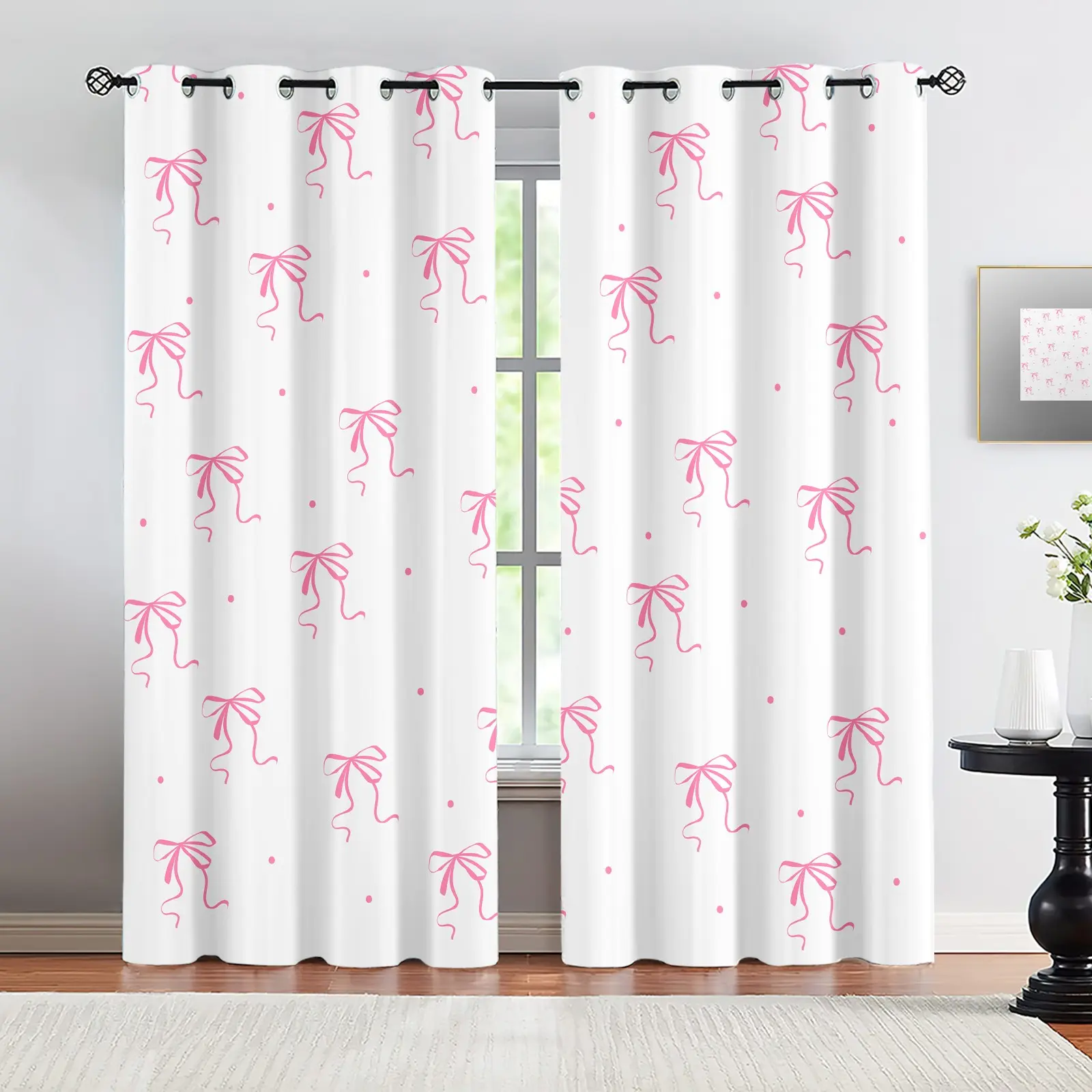 Pink Bow Curtains,Curtains for Living Room,Coquette Aesthetic Curtains,White & Pink Polka Dot Window Curtains,Cute Bedroom Curtains for Teen Girls,Decorative Shower Curtain Option,Dorm & Nursery Light-Filtering Drapes,Home Decoration Curtain