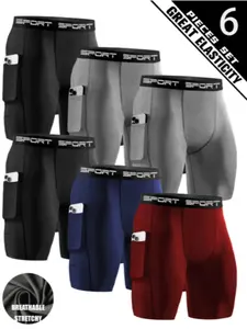 Men's 6-Pack Workout Compression Shorts for All Seasons, High Elastic Quick-Dry Breathable Fabric, Sporty Fit with Side Pockets in Stretch Shorts