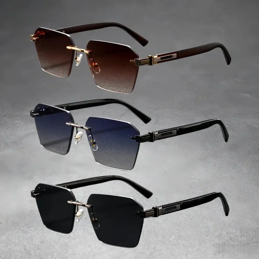 3-Pack Rimless Geometric Sports Sunglasses - UV400 Gradient Lenses, Lightweight, Modern Stylish Accessories, Angular Design for Street Photography, Travel