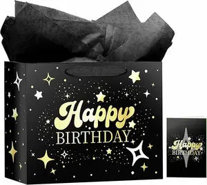 Black Birthday Gift Bag with Tissue Paper and Greeting Card, Gold Foil 13" Happy Birthday Gift Bag for Men Women, Hot Stamping Gift Bags