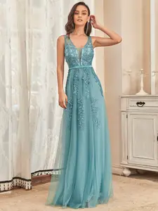 EVER PRETTY  Lace Embroidery Tulle Evening Gown | Deep V-Neck Open Back Formal Dress,Maxi Long Elegant Ethereal Tulle Evening Dress ,07543