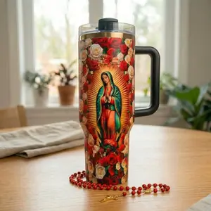 [Made in US] Virgin Mary Our Lady of Guadalupe Tumbler 40oz 30oz with Handle, Catholic Floral Stainless Steel Cup, Religious Gift, Insulated Hot Cold Drink Mug