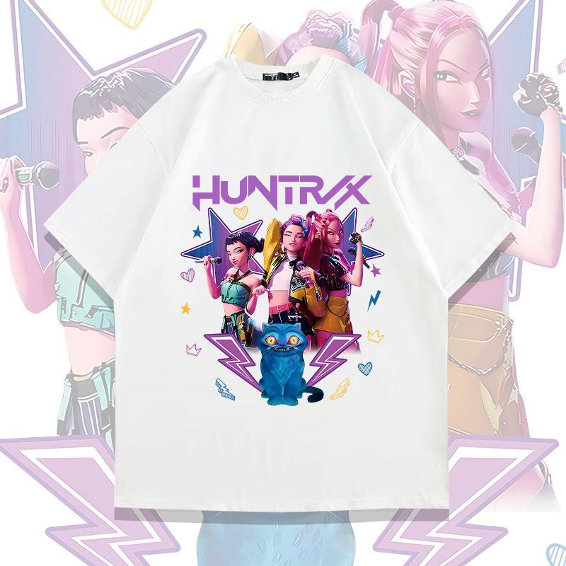 KPop Demon Hunters HUNTRX Girl Group 100% Cotton Oversized T-Shirt | Unisex Graphic Tee with Full Trio Stage Art & Cute Blue Creature, Casual Streetwear for KPop Fans