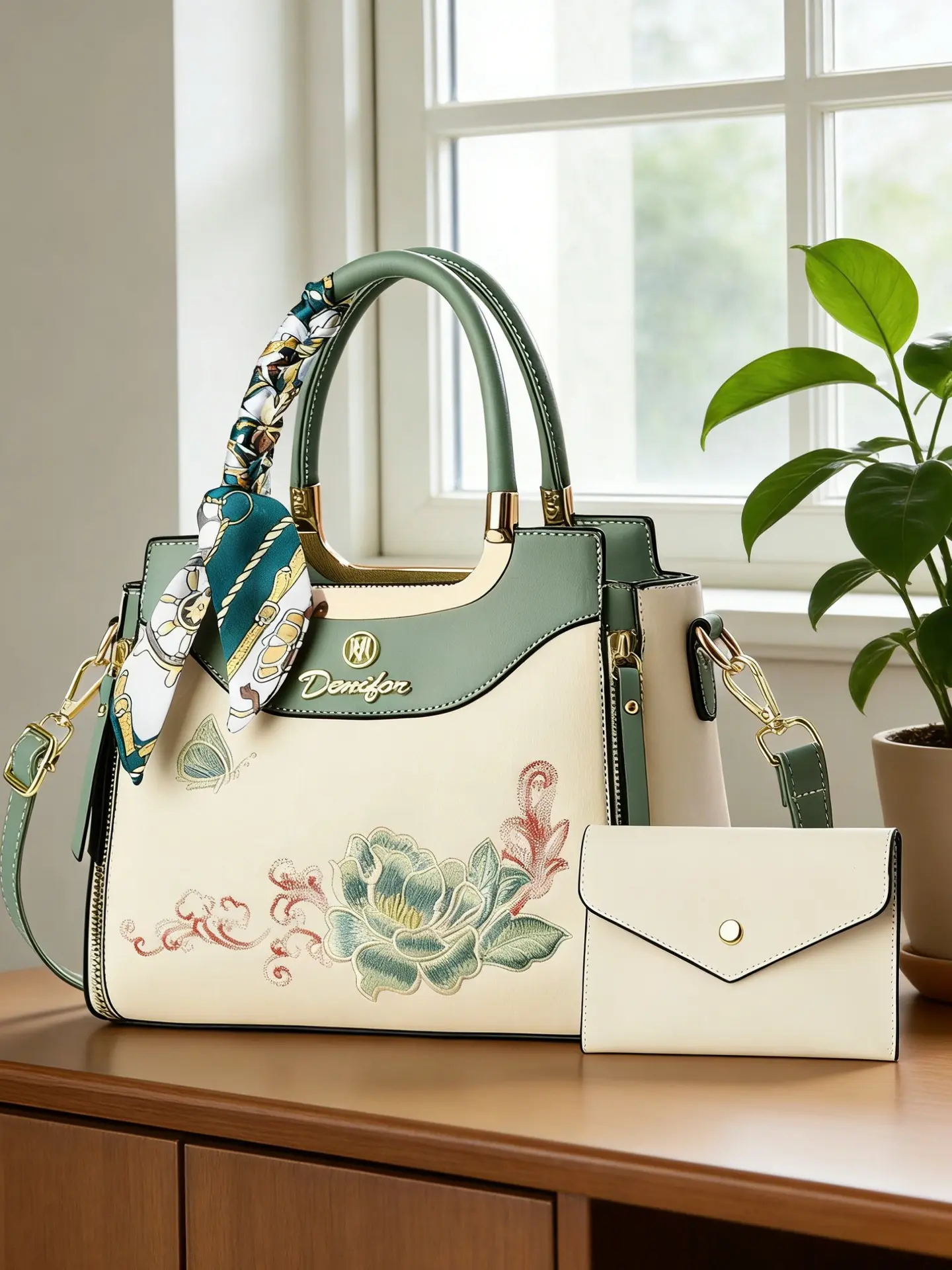 Women's Embroidered Solid Color Handbag Set, Luxury Contrast Shoulder Bag, Multiple Colors, Casual Commuter Bag, Perfect Gift for Her, Elegant Commuter Bag