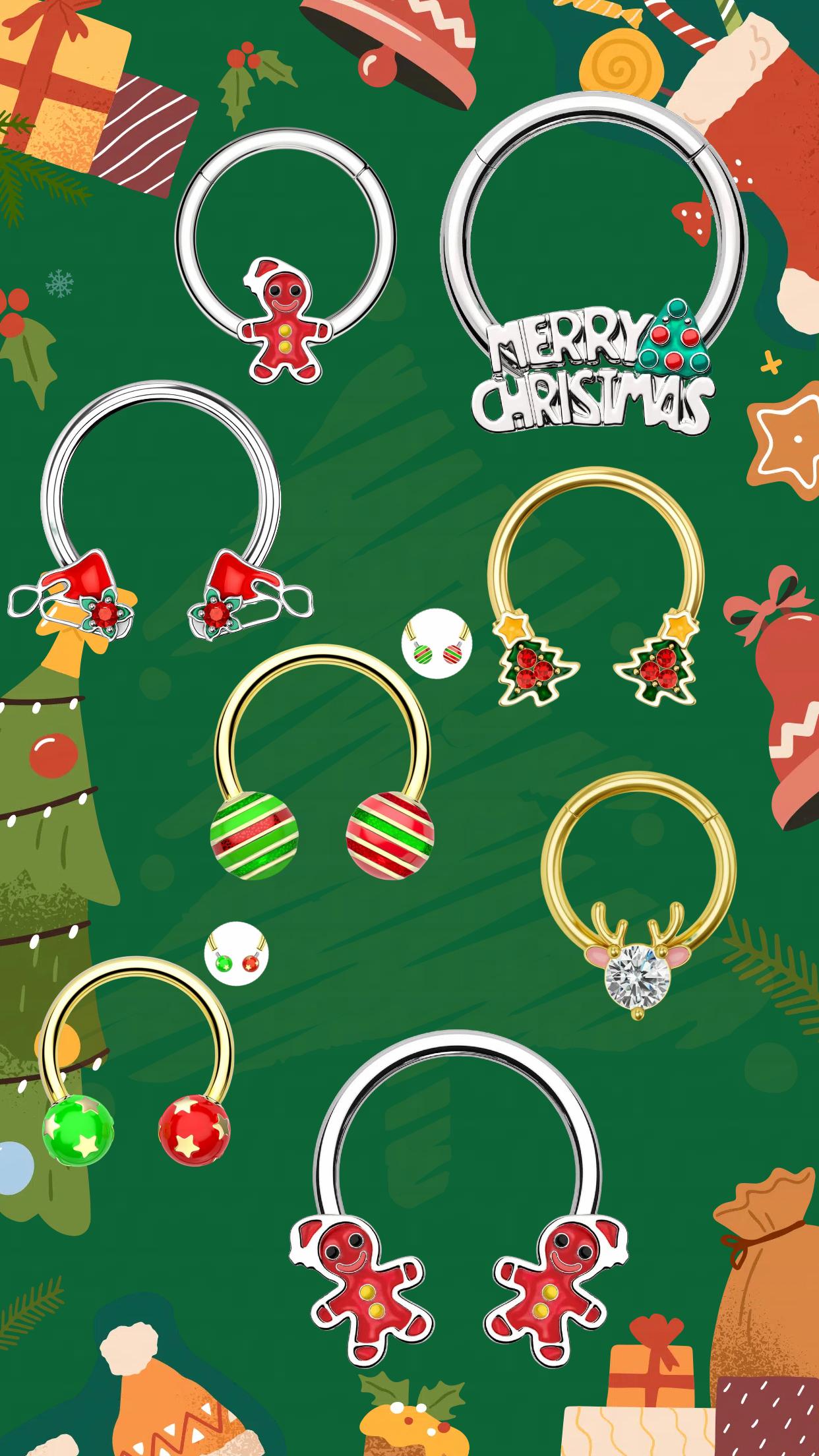 Oufer 16G Internally Threaded Christmas Baubles Striped Pattern Horseshoe Septum Ring