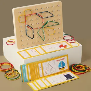 A set of wooden geometric math puzzles, equipped with a pegboard, uses 30 double-sided cards and 10 large, 20 medium, and 20 small rubber bands to build shapes, designed to cultivate children's thinking skills, creativity, and imagination