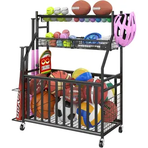 Garage Sports Equipment Organizer,Sports Ball Organizer with Wheels,Mesh Pocket, Basket,Ball Organizer with Baseball Bat Rack and HooksToy Storage Rolling Cart-Black