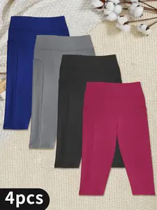 4Pcs Women'S High-Waisted Leggings Designed to Control The Tummy, Featuring Pockets And  7/8 Length. These Solid Color, Stretchy, And Comfortable Pants Are Ideal for Workouts, Cycling, Fitness, And Autumn, Clothing, Durable Fabric, Comfortable Fit
