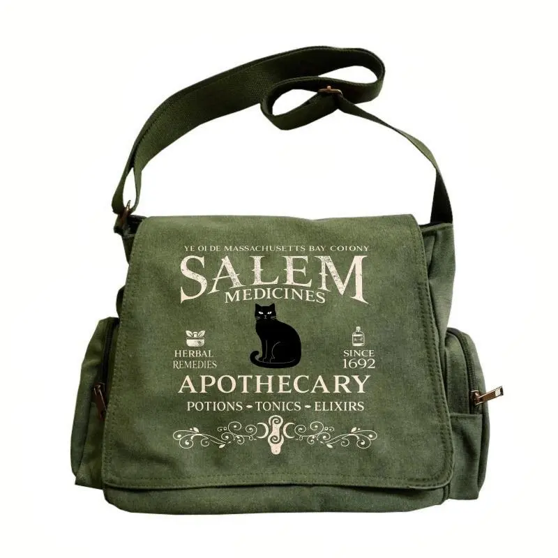 Women’s large-capacity art-style flap shoulder messenger bag — retro Salem pharmacy logo print, black cat and herbal formula design, zipper closure, casual messenger bag suitable for everyday outings and travel, women’s gift
