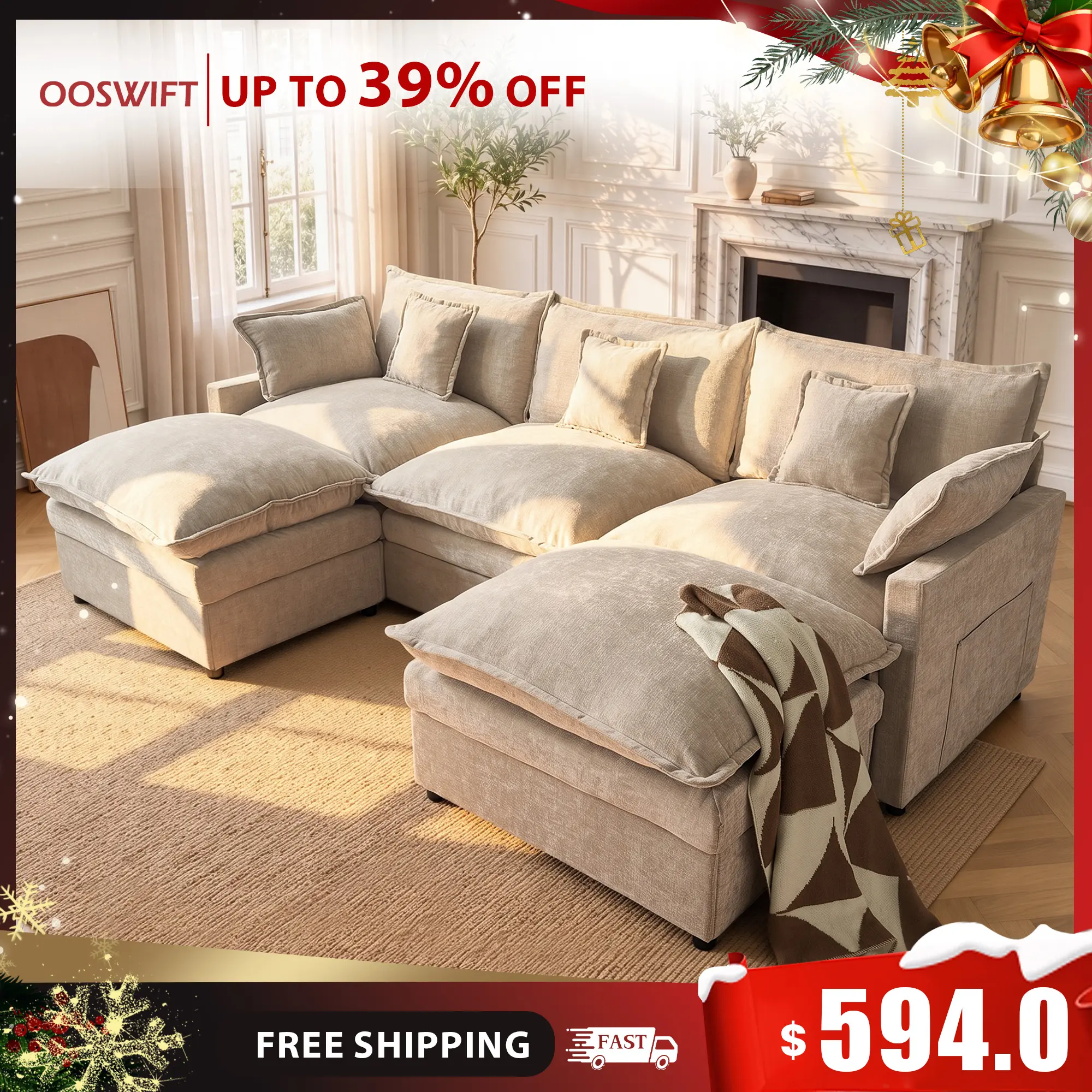 【2 Packages Shipping】OOSWIFT 108" U Shaped Modular Sectional Sofa with 2 Ottomans, Deep Seat Cloud Couch, Comfortable Oversized Living Room Sofa for Family Room, Apartment & Home