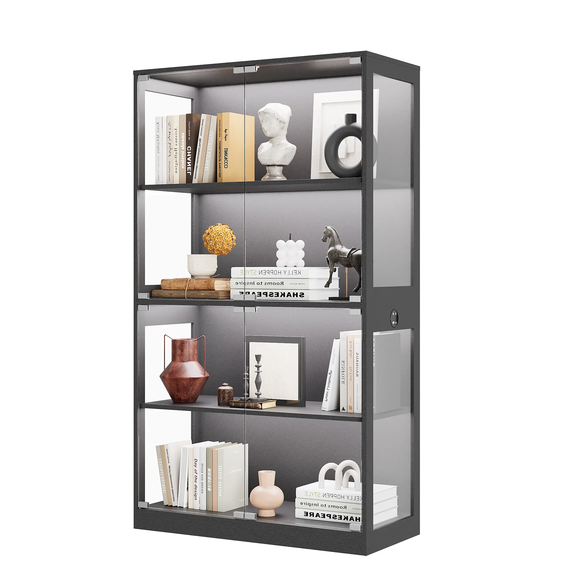 4-Tier Glass Display Cabinet with 3-Color LED Lights & Motion  human body Sensor, 65-Inch Tall Curio Cabinet with USB Type-C Charging Ports, Tempered Glass Bookshelf Storage Shelf for Gaming Room Collectibles Action Figures & Living Room Decor