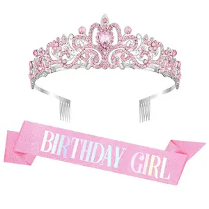 P-CPA012  Pink Birthday Sash and Crown Accessories for Women