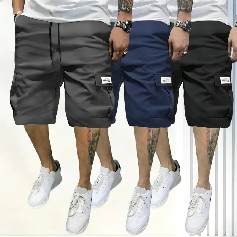 Men’s 3-Piece Loose Casual Woven Short Set - Breathable Polyester, Plain Straight Design, Drawstring, Slanted Pockets, Athletic Fit for Outdoor, Office Wear (Student-Friendly)