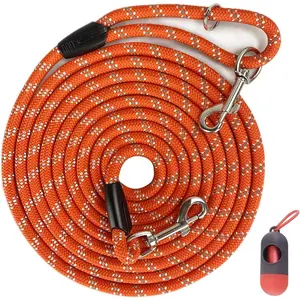 Long Rope Dog Leash for Dog Training 12FT 20FT 30FT 50FT, Reflective Threads Dog Cat Leashes Tie-Out Check Cord Recall Training Agility Lead for Large Medium Small Dogs (Orange, 10mm*12ft)
