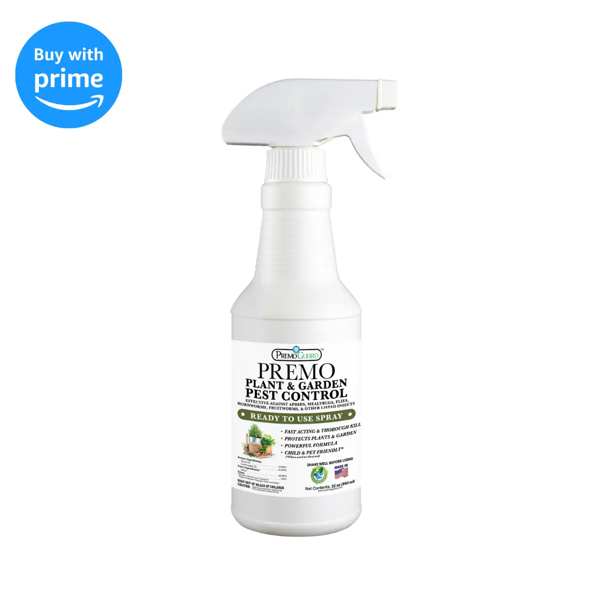 Premo Guard 32oz Plant and Garden Pest Control Spray - Plant-Based, Non-Toxic, Fast-Acting, Indoor/Outdoor Natural Oils Formula for Herbs, Trees, Vegetables, Insect Control