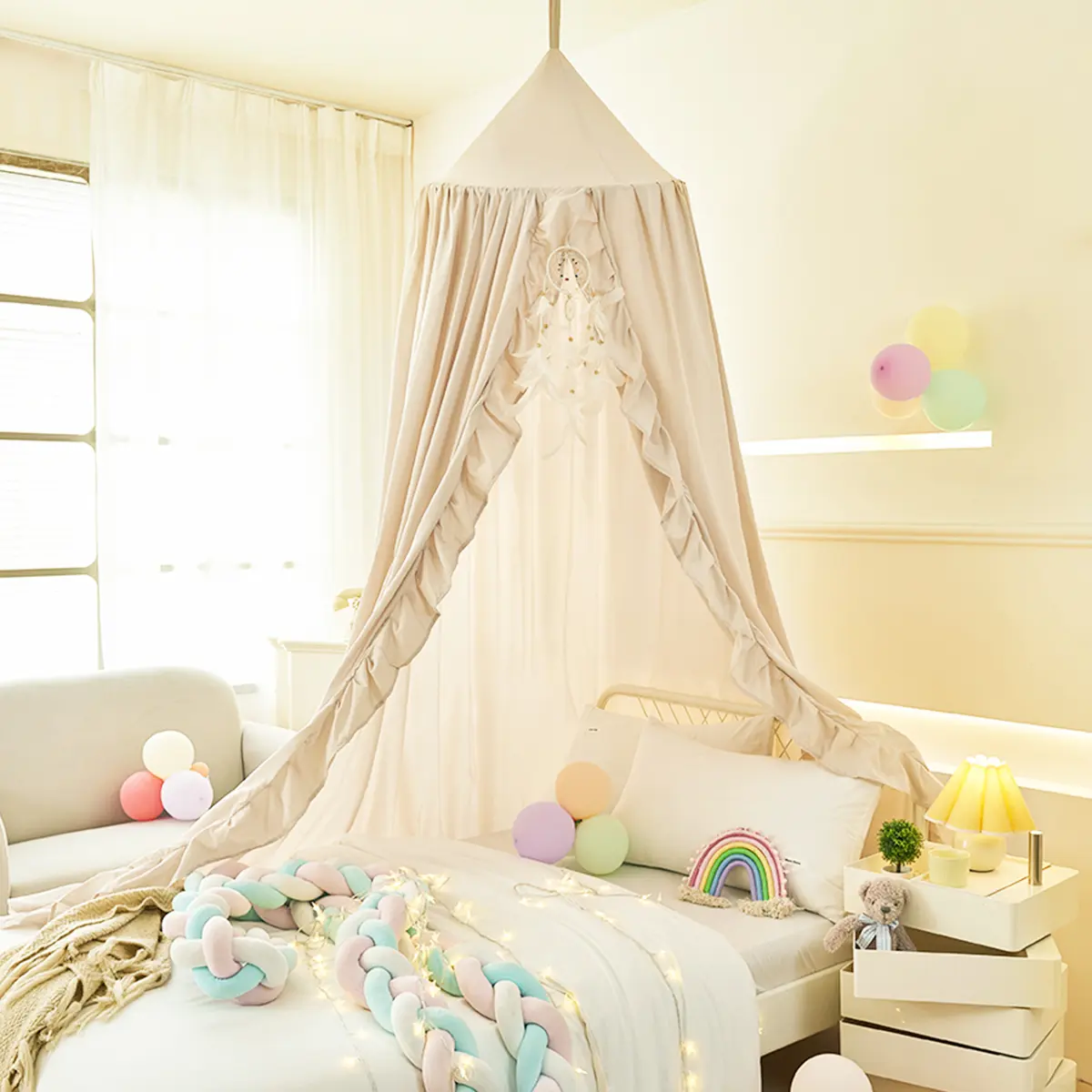 Bed Canopy for Girls,Ruffled Canopy Bed Curtains Kids Canopy for Girls Room,Hanging Canopy Princess Play Tent for Reading Nook Play Room Decor