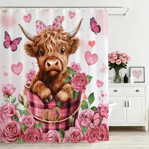 Valentines Shower Curtain, Cute Funny Highland Cow Floral Heart Shower Curtain for Valentine Day Bathroom Decor Waterproof Bath Curtain, 72 X 72 Inch