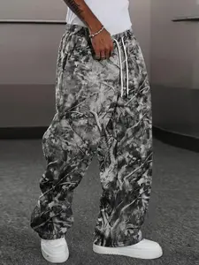 Retro Streetwear Camo Print Sweatpants, Men's Grey Leaf Graphic Drawstring Pants, Casual Black & White Wide Leg Trousers, Great for Street Style, Daily Errands, Relaxing Days, Casual Occasions #springsaledeals2026 #summeroutfits #fyp #cleanfit