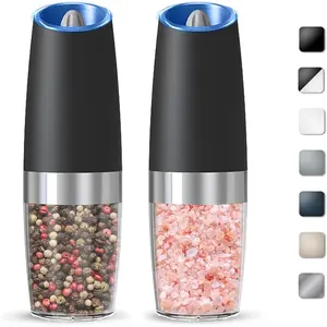Gravity Electric Automatic Salt and Pepper Grinder Set, Battery Powered with 6 AAA Batteries Each, Adjustable Roughness, LED Light, 2 Pack, Black