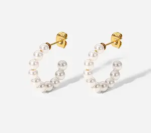 Pearl C Shaped Hoop Earrings