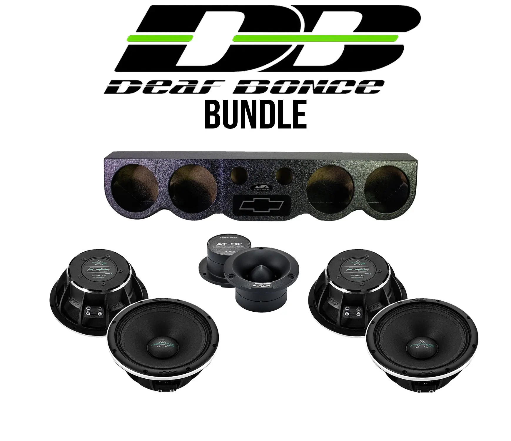 Deaf Bonce 4-Ohm Car Audio Amplifier Truck/SUV Sound System Bundle for Car Stereo Upgrade - 38in Universal SS-ROOFPANEL Sound Bar Pod, 4x6.5in Component Speakers, 2x2” Tweeters, Classic Black with Chevy Logo, Audio Enclosure, Custom Build, Universal Fit