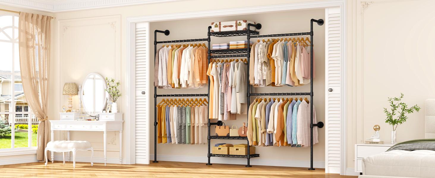 ULIFHOME Heavy Duty Metal Frame Closet Rack - Wall-Mounted Expandable Size (22.4-39.4in) Industrial Pipe Closet Organizer, Garment Storage for Indoor Use in Bedroom, Living Room Furniture,dorm room inspo,college dorm essentials,dorm haul