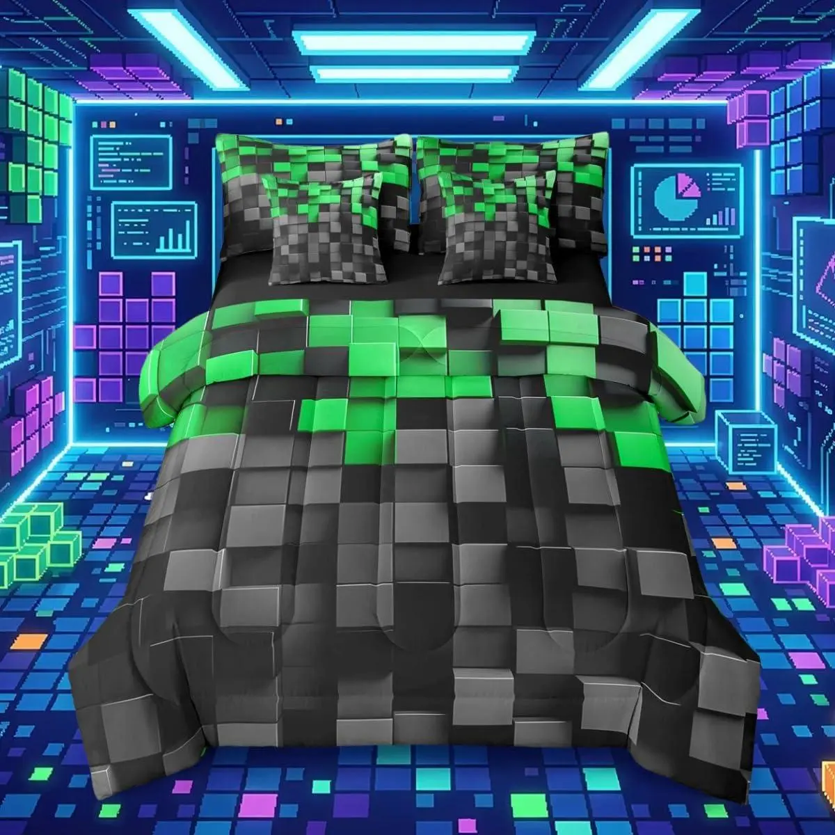 Pixelated Black Green 7 Piece Bedding Set ,Geometric Check Video Games Bed in a Bag for Boys Girls ,Gamepad Grid Comforter Set with Sheets,Pillowcases & Cushion Cover Microfiber Room Decor