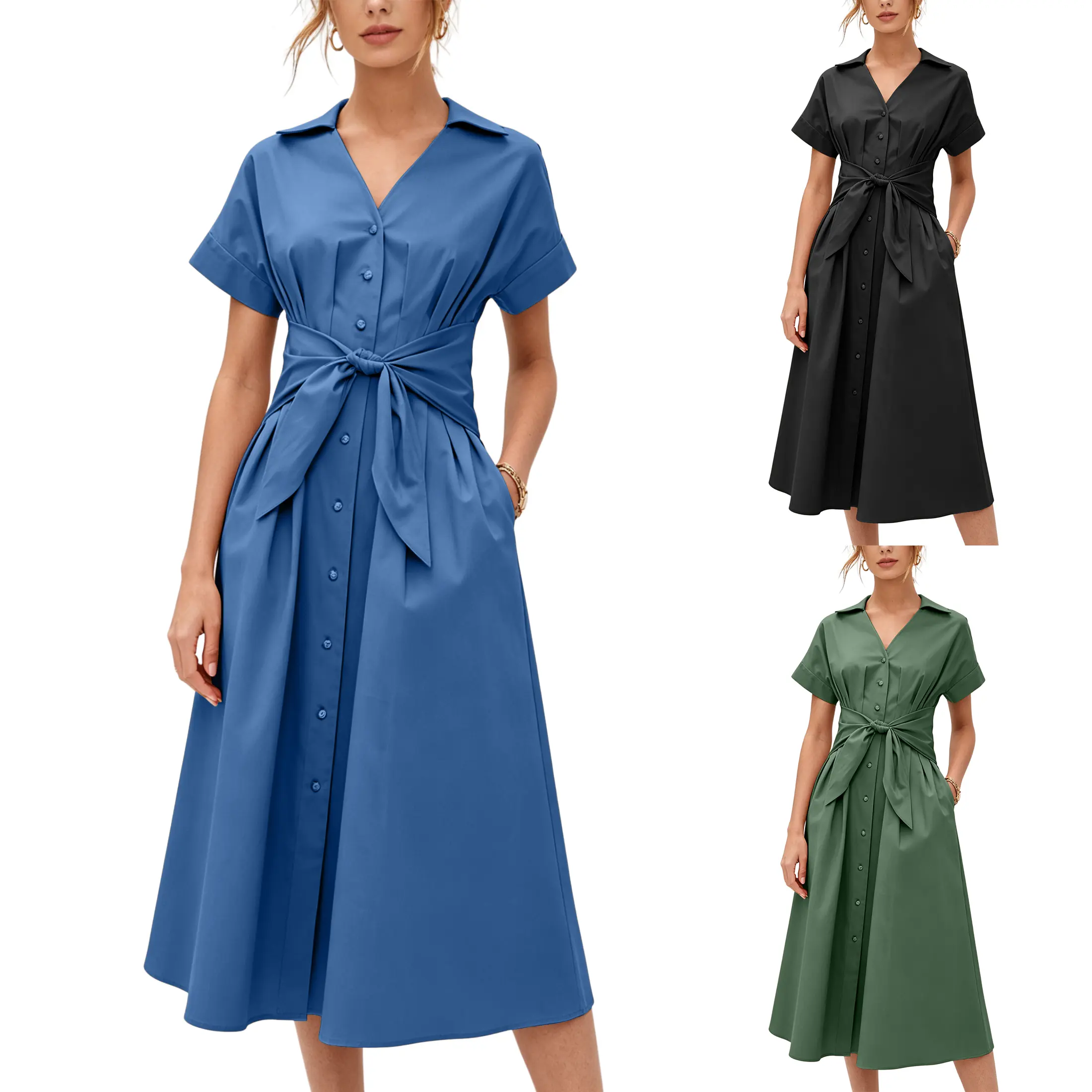 SCUSTY Women's Old Money Style Midi Shirt Dress, Short Sleeve Button Down Tie Waist A-Line Casual Work Dress with Pockets