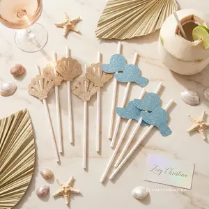 Seashells and Wedding Bells, Coastal Glam Paper Straws, Seashells & Blue Glitter Sun Hats | Beach Bridal Shower and Summer Party Decor