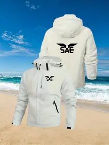 Sae Eagle Logo Print Hooded Jacket, Unisex Windproof Waterproof Outdoor Casual Coat, Fashion Loose-Fit Geometric Pattern, All Seasons