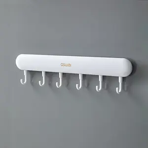 Adhesive Hooks,ASWEI 6-Row No-Drill Wall Mounted Bathroom Hooks Strong Adhesive Clothes Towels Hanger Utility Hooks Heavy-Duty Adhesive Hanger for Doors Waterproof Rust-Proof ABS Plastic & Stainless Steel,No-Drill Multi-Hook Bar