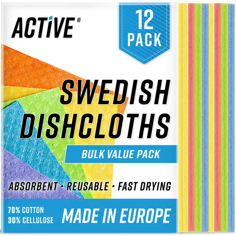 ACTIVE Swedish Dish Cloths for Kitchen 12 Pack Cellulose Sponge Cloth, Washable Dishcloths for Washing Dishes, Original European Dish Towels, Absorbent Reusable Paper Towels - Multicolor Assorted Cleaning