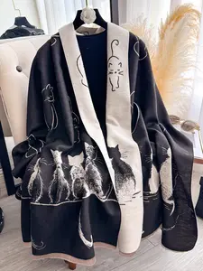 Women's Elegant Cat Pattern Print Scarf, Fall & Winter Warm Shawl, Fashionable Daily Wear Accessory, Two-Sided Wrap, Fluffy Soft Scarf