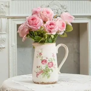 TEWEIQI Vintage Pink Rose Ceramic Vase with Handle, Distressed Farmhouse Pitcher for Home Decor, 7" or 9" Height