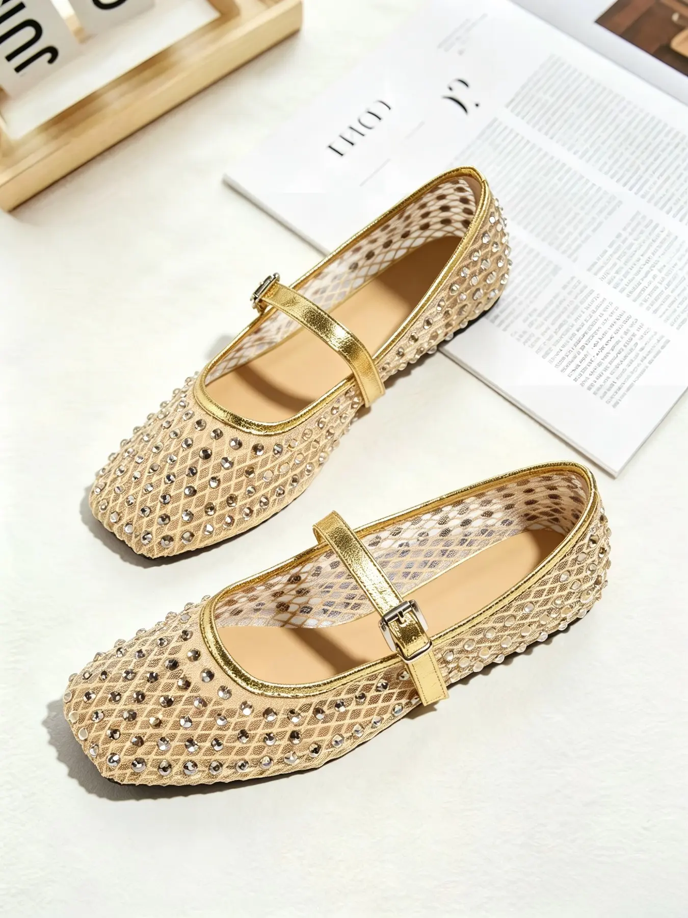Women's Mary Jane Shoes, Adjustable Mary Janes, Large Size Mesh Rhinestone, Breathable Hollow Out, Square Toe Adjustable Buckle, Flat Soft Sole, Casual Style