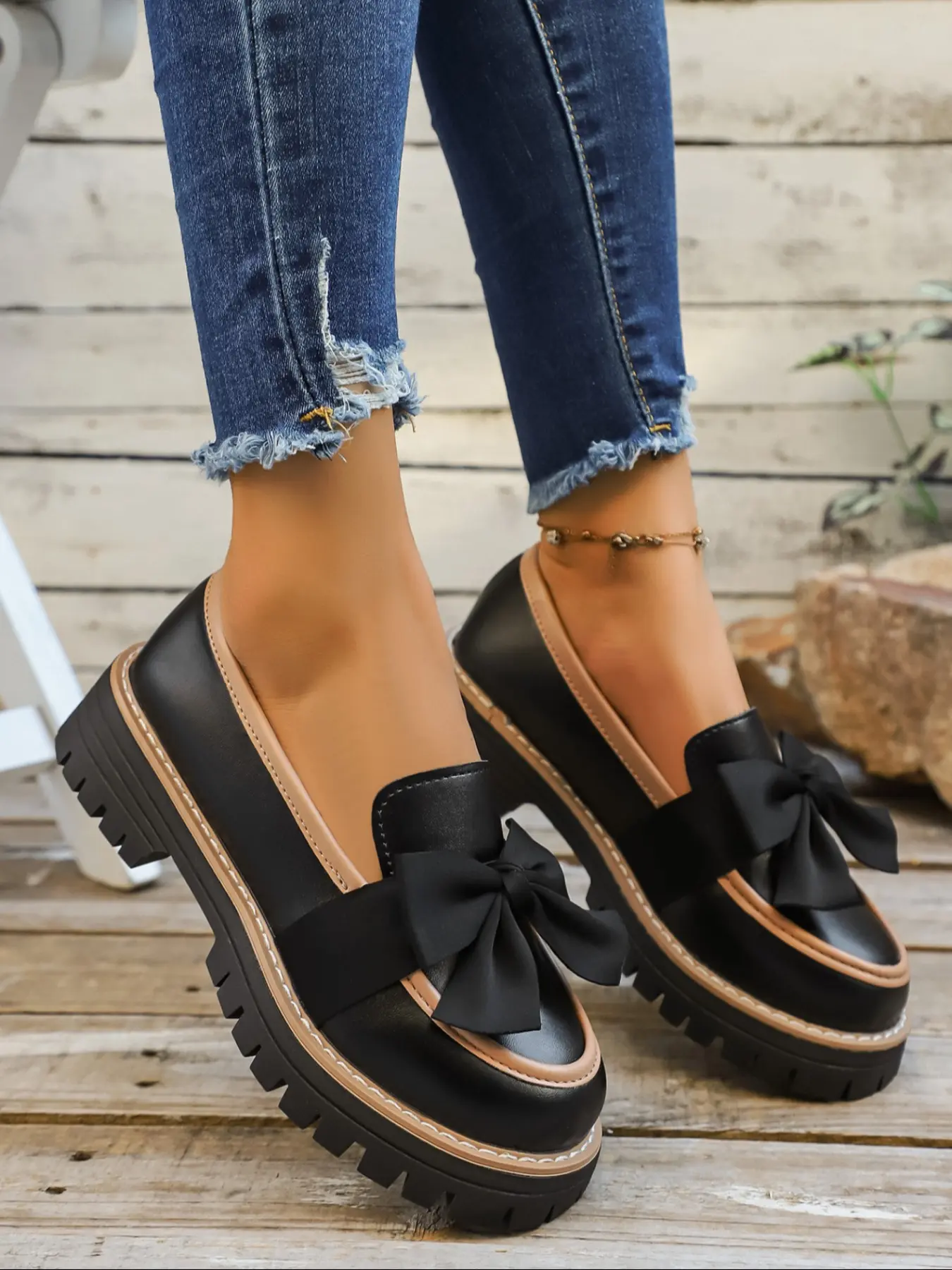 New Bowknot Thick Sole Loafers for Women, Preppy Style Vintage PU Leather Shoes, Slip on British Style Flats for All Seasons