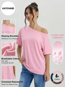 Katch Me Women's Elegant Sloping Shoulder Short Sleeve Breathable Top, Simple Style Loose Solid Color Sweat-Wicking T-Shirt, Casual Wrinkle-Resistant Womenswear Soft