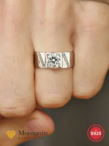 S925 Sterling Silver Synthetic Moissanite Ring, Simple Style Engagement Ring for Men, Fashion Jewelry Accessories for Party, Daily Decor, Fine Jewelry Gift, Engagement Wedding Rings
