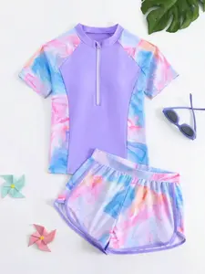 Girls Marble Print Front Zipper Three-Quarter Sleeve Swimsuit, Casual Slim-Fitting Beachwear for All Seasons, Tie Dye Pattern