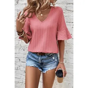 Peach Blossom Ruffled Half Sleeve V Neck Textured Top