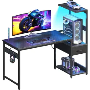48 Inch Gaming Desk with Storage & LED Lights, Reversible  Desk with Display Shelves & Fabric Drawer, Modern Gamer Desk Table with Side Headphone Hook, Carbon Fiber Black