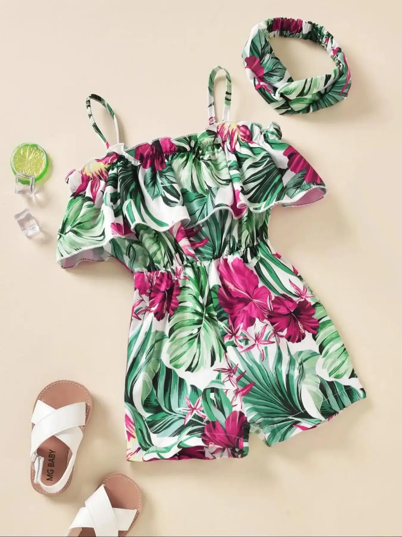 Toddler Girl's Tropical Print Ruffle Trim Cami Romper & Twist Hair Band Set, Boho Style Spaghetti Strap Sleeveless Romper for Summer