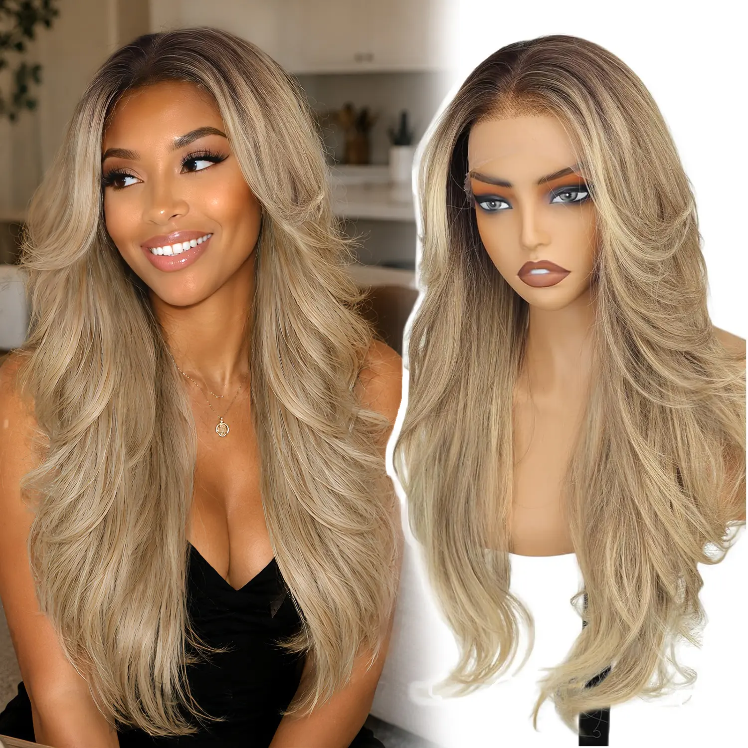 [AISI HAIR]13x4 HD Lace Front Glueless Wigs for Women Ombre Blonde Long Layered Wave Wig Natural Hairline Heat Resistant Synthetic for Daily Use Beginner Friendly 26 Inch