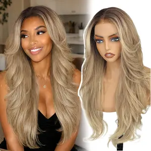 [AISI HAIR]13x4 HD Lace Front Glueless Wigs for Women Ombre Blonde Long Layered Wave Wig Natural Hairline Heat Resistant Synthetic for Daily Use Beginner Friendly 26 Inch