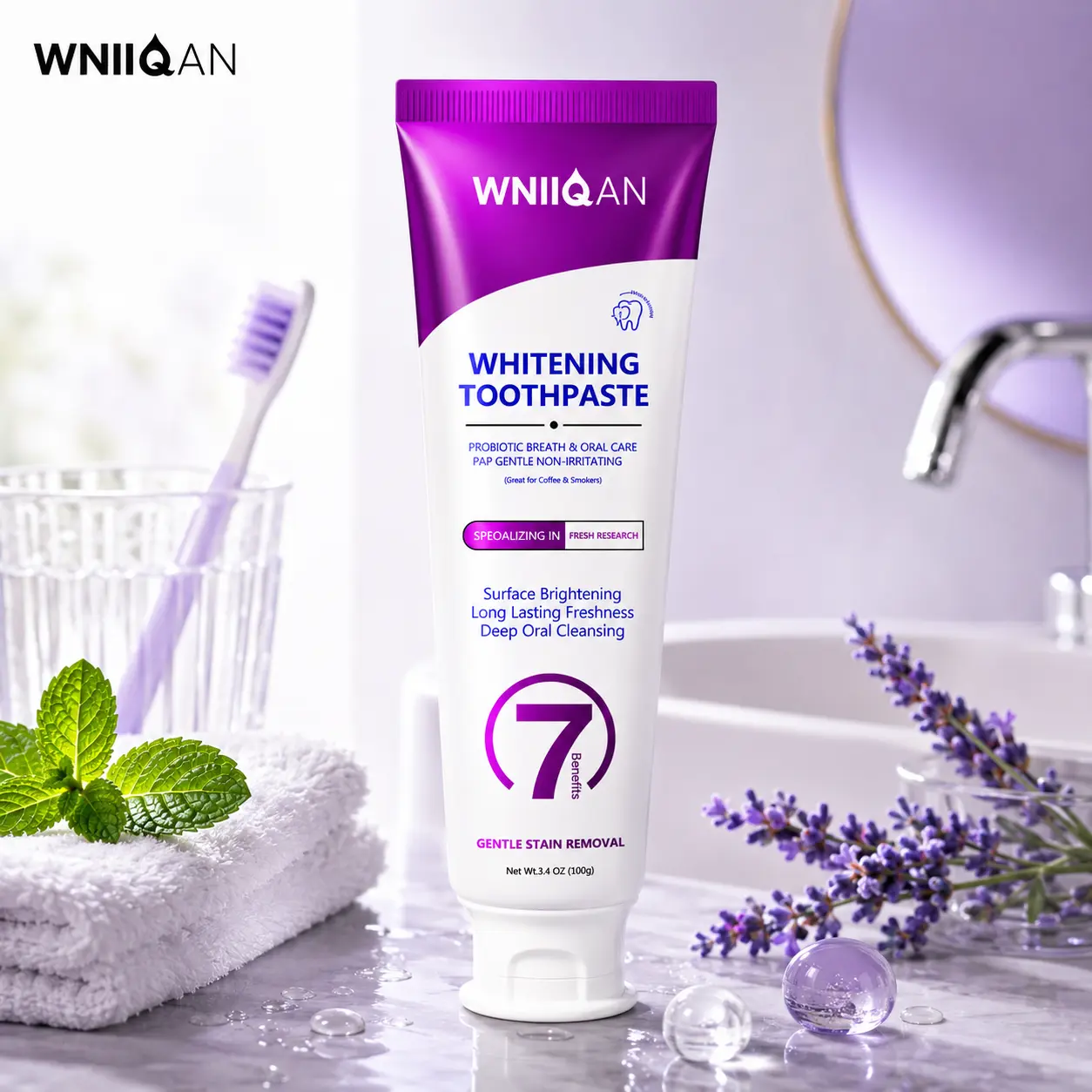 WNIIQAN Purple Gel Toothpaste with Fine Particles, Fresh Breath & Gentle Daily Cleaning, PAP-Based Peroxide-Free Oral Care Formula, 3.4 oz / 100g tooth