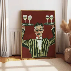 Vintage Waiter Oil Painting Print, Vintage Beverage Poster, Bar Wall Decor, Retro Wine Glass Poster, Funny Kitchen Wall Decor, Cafe Wall Art