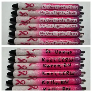 Breast cancer awareness pens / no one fights alone / breast cancer ribbon / pink and white glitter gel pens