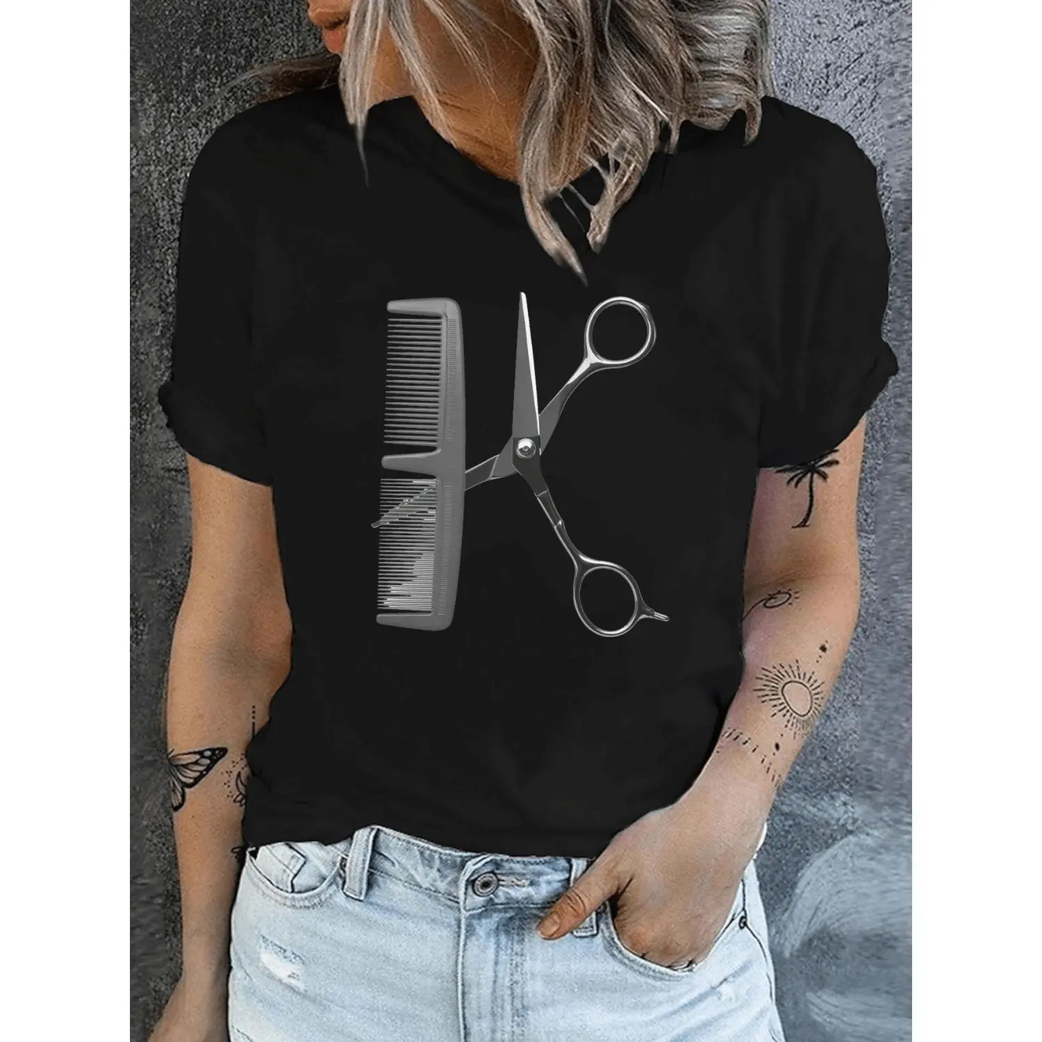 Women S Letter K Hair Print Cotton T-shirt with Comb and Scissors Short Sleeve Crew Neck Casual Top Hair Stylist Salon Spring Summer Machine Washable Comfortable Hairdresser Apparel