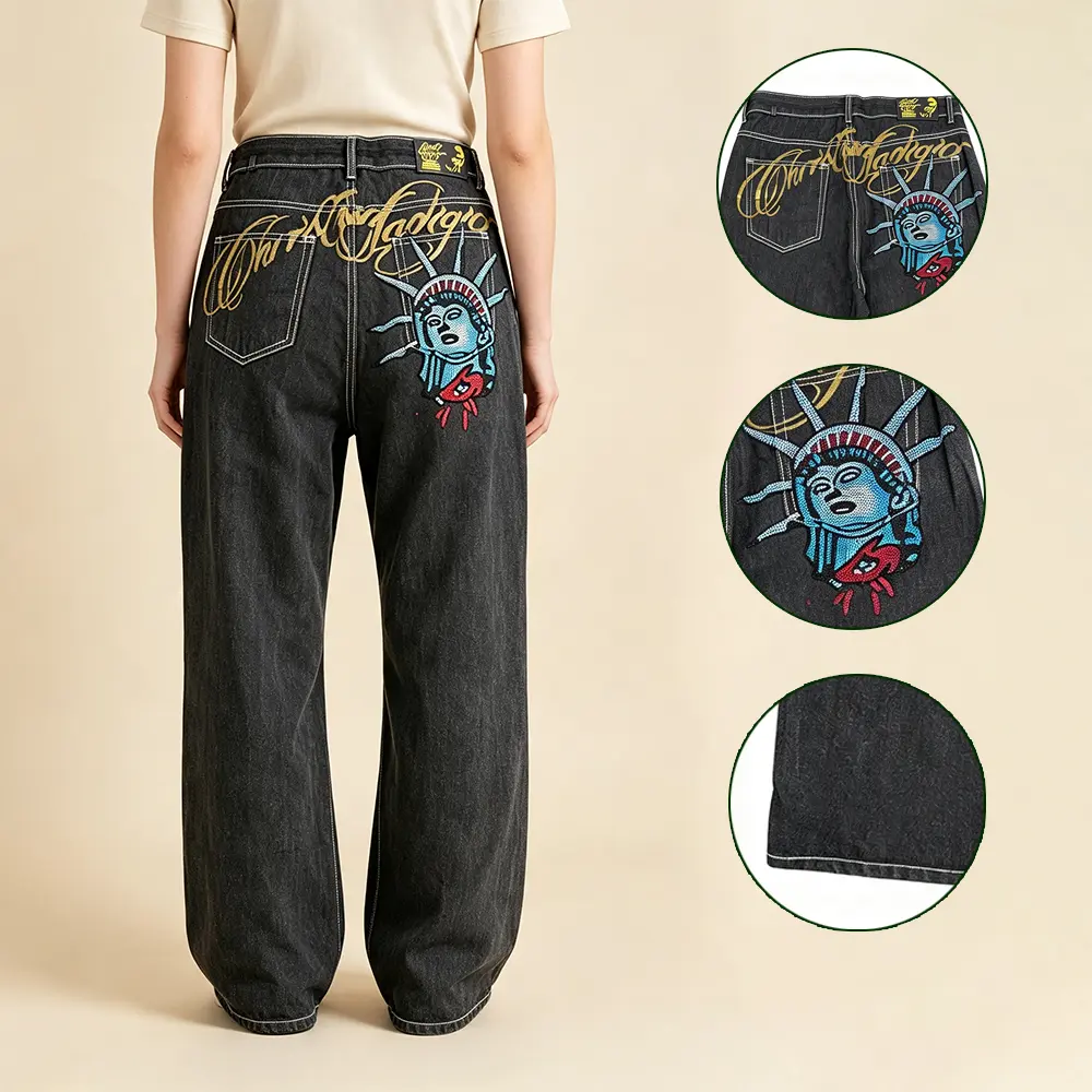 Women's Wide Leg Jeans Y2K Statue Of Liberty Letter Embroidery Jeans Casual Everyday Street Style